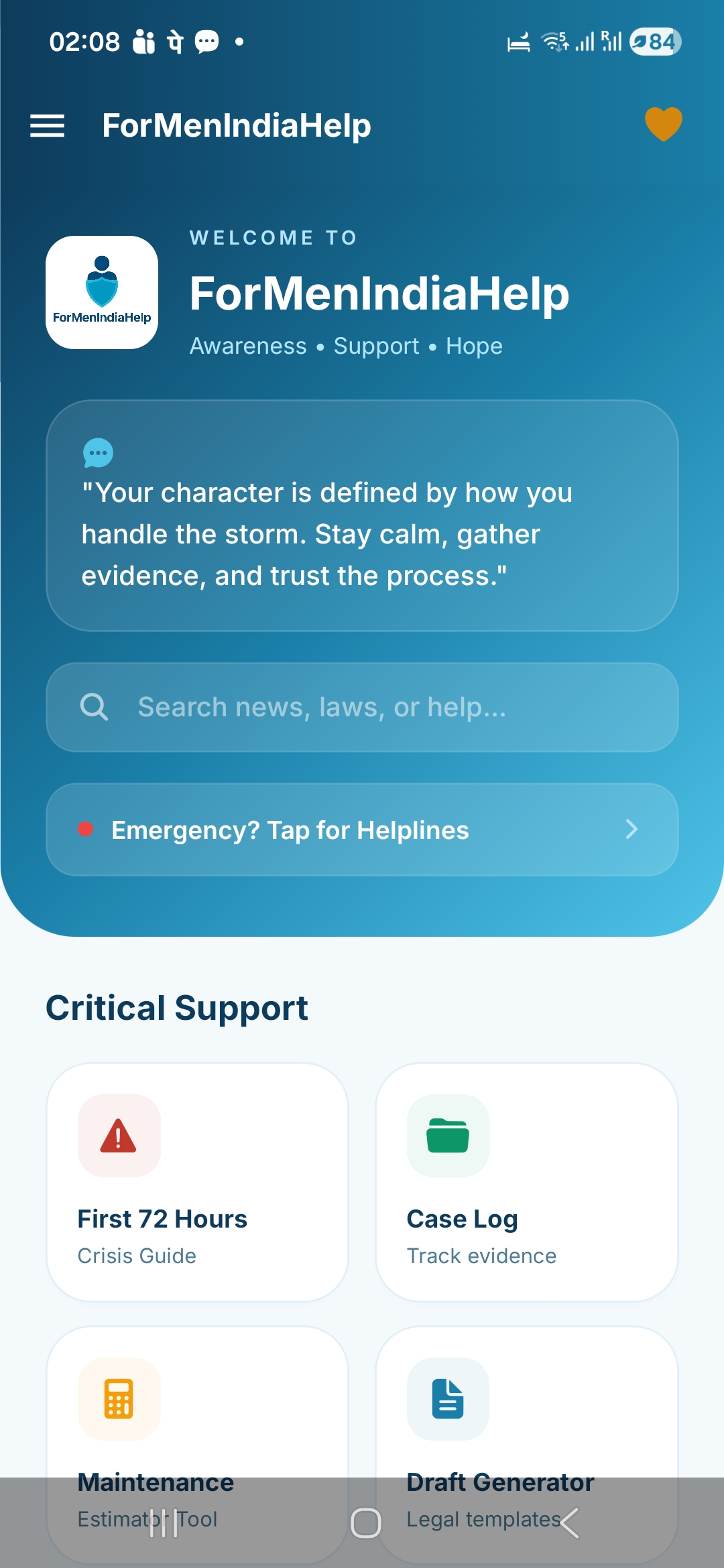ForMenIndiaHelp Main Dashboard showing AI Counsellor and legal tools